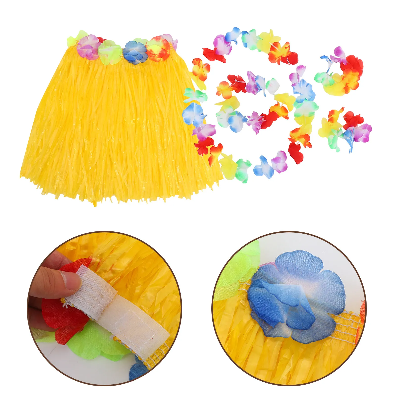 Hawaiian Hula Skirt Set Colorful Simulation Flower Headdress Bracelets Hanging Garland Luau Party Outfit