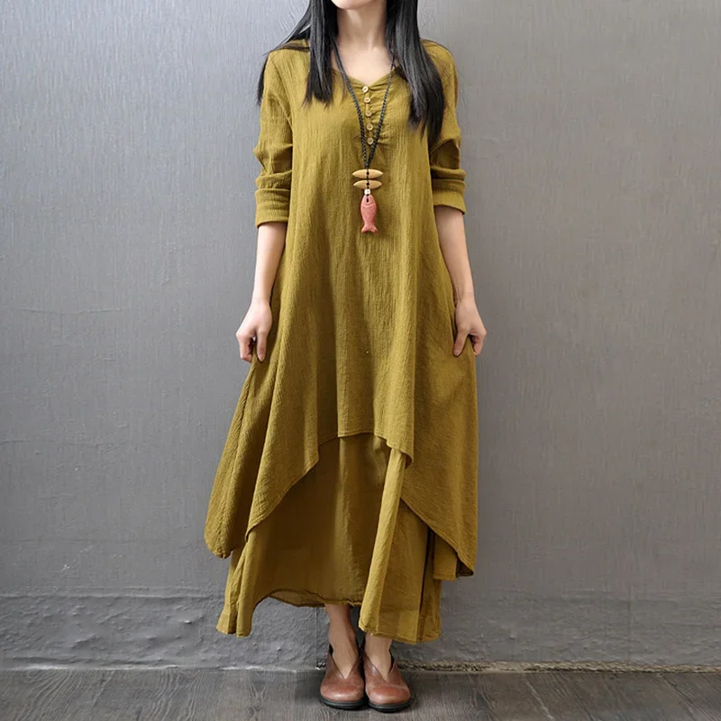 New Oversized Literature Art Vintage Fake Two Piece Cotton Linen Dress Women Long Sleeve Loose Casual Dresses Robes