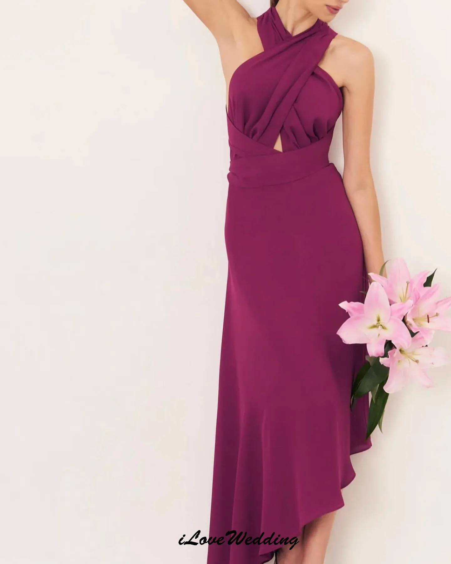 Aangepaste Fuchsia Chiffon Elegante Galajurk 2025, Bruiloft Jurk Theelengte Met Jasje Hoge Hals Formele Jurken Voor Vrouwen