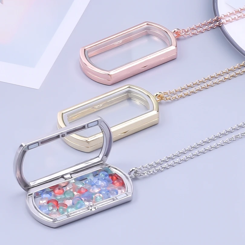 Geometry Rectangle Pendant Glass Lockets Necklaces For Women Men Accessories Chain Around Neck Metal Alloy Floating Lockets Gift