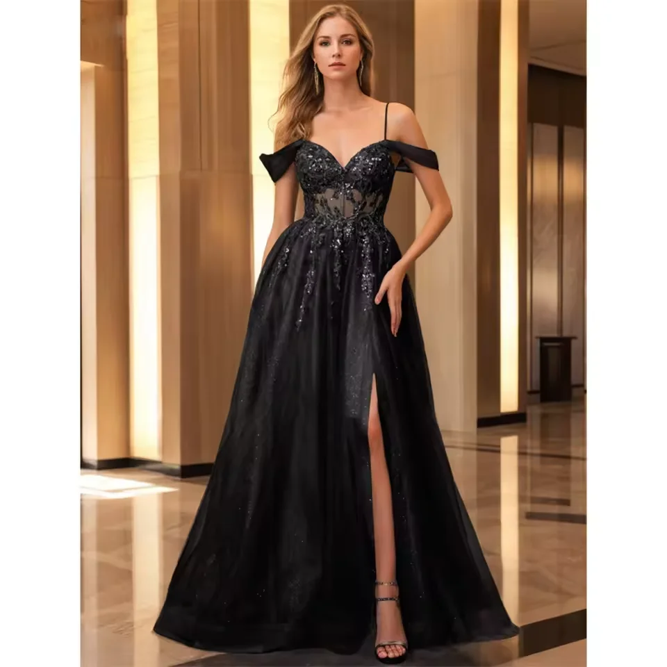 Abito da ballo da donna elegante personalizzato Abito da laurea con applicazioni in pizzo tulle nero Abito da sera formale con spacco alto e linea