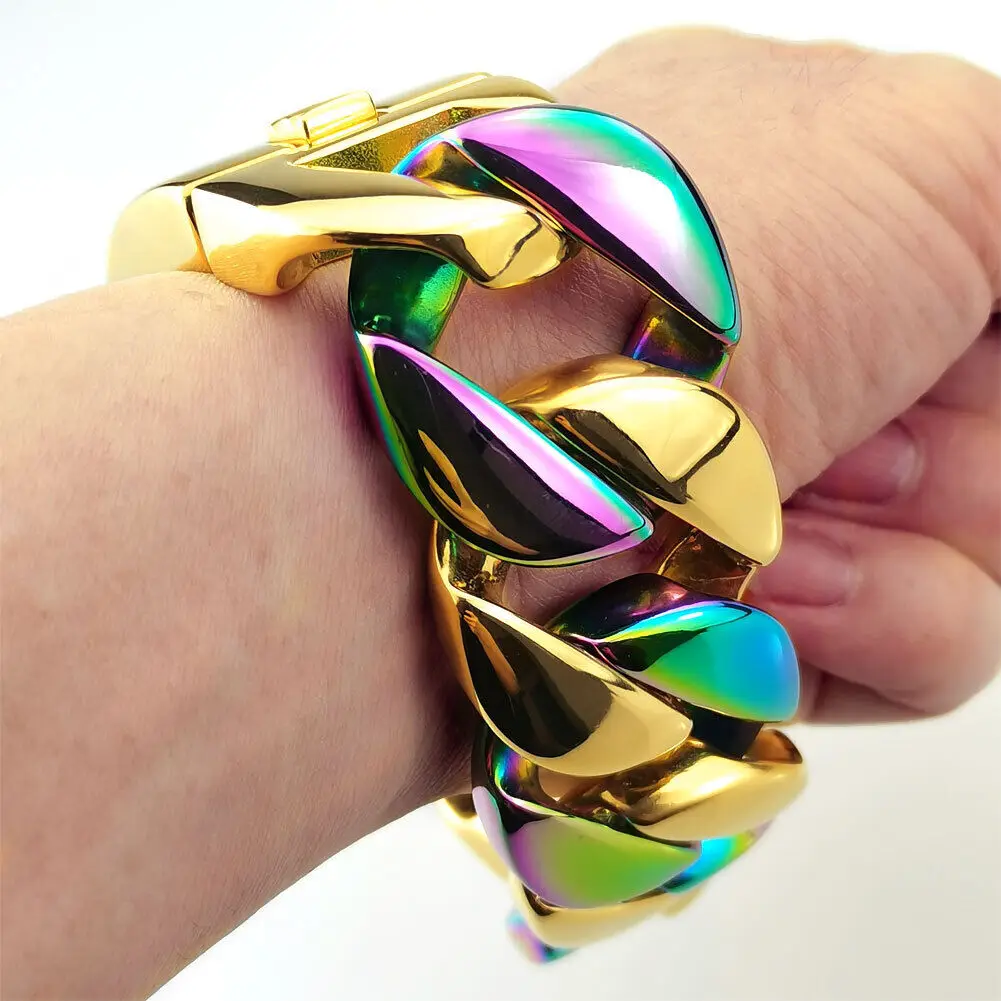

Men Bracelet 32mm Heavy Weight Bling Massive 316L Stainless Steel Gold & Rainbow