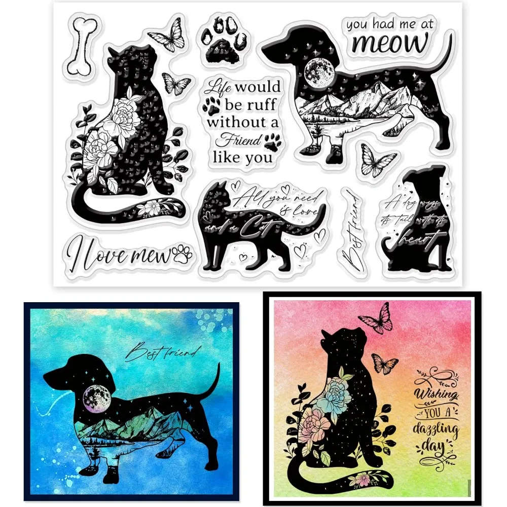 Dogs Cat Silhouette Clear Stamps for DIY Scrapbooking Flowers Landscape Silhouette Silicone Clear Stamp Seals for Cards Making