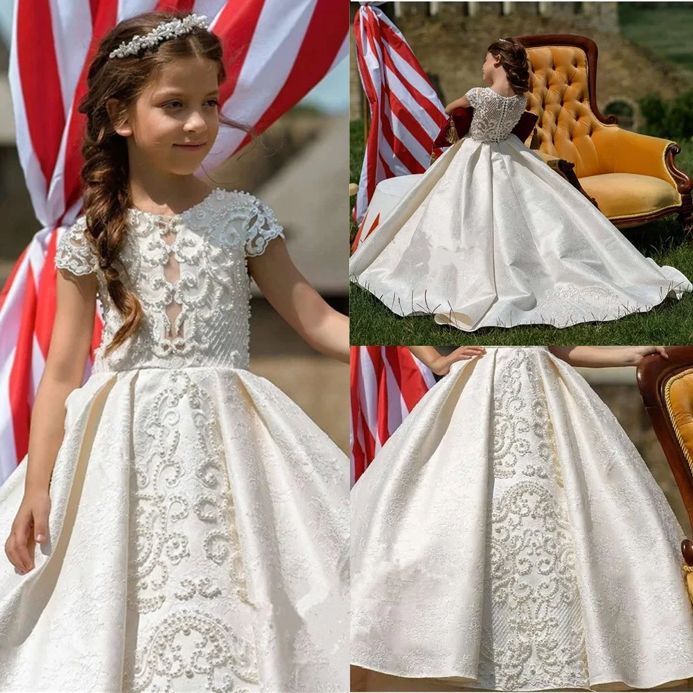 

2023-34Luxury Flowers Girls Dresses For Wedding with pearl Girls Pageant Dress Sweep Train Custom Made Pageant Gowns