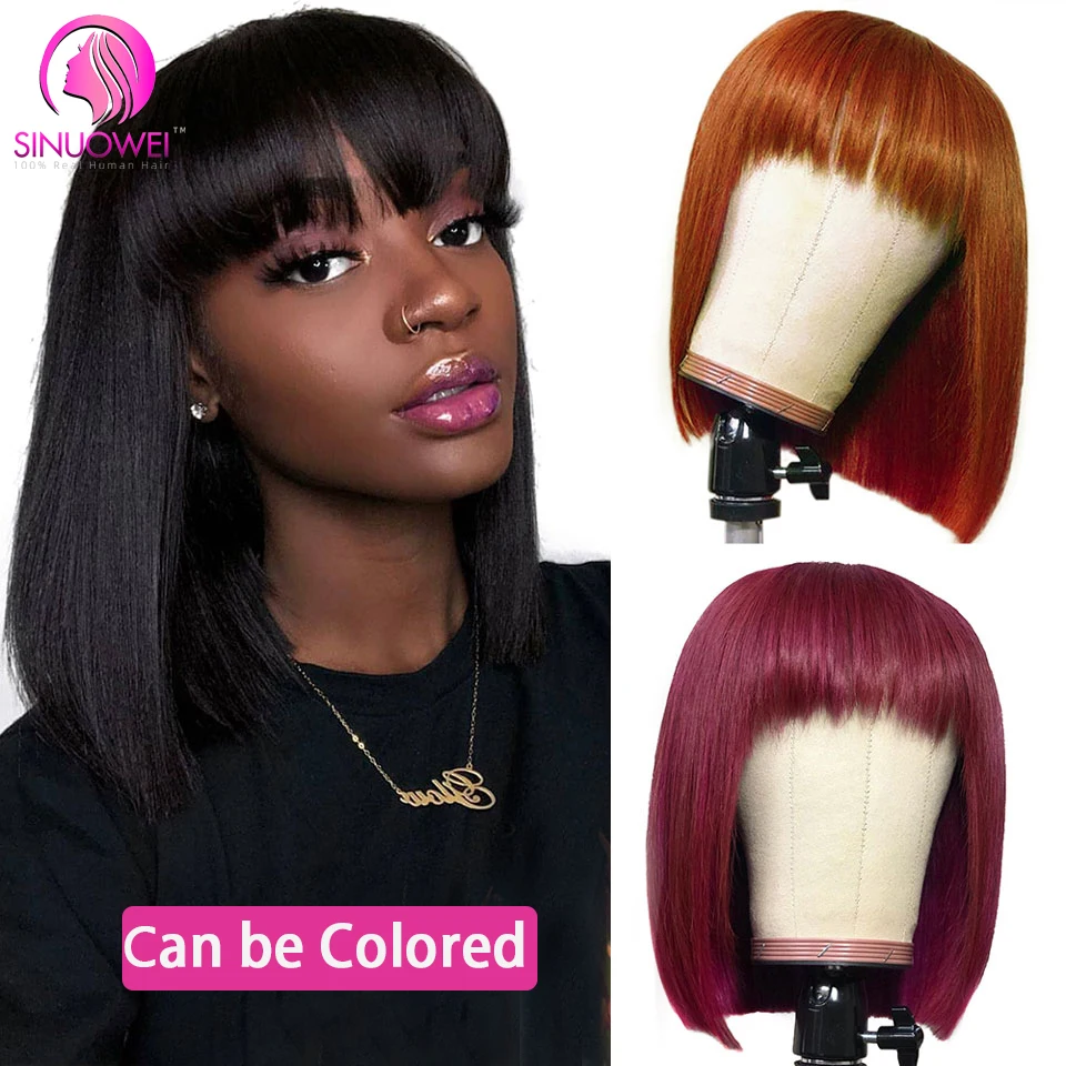 Bob Bang Wigs Fringe Brazilian Human Hair Wigs 8-14inch 180 Density Bone Straight Short Bob Wig With Bang Double Drawn Wigs