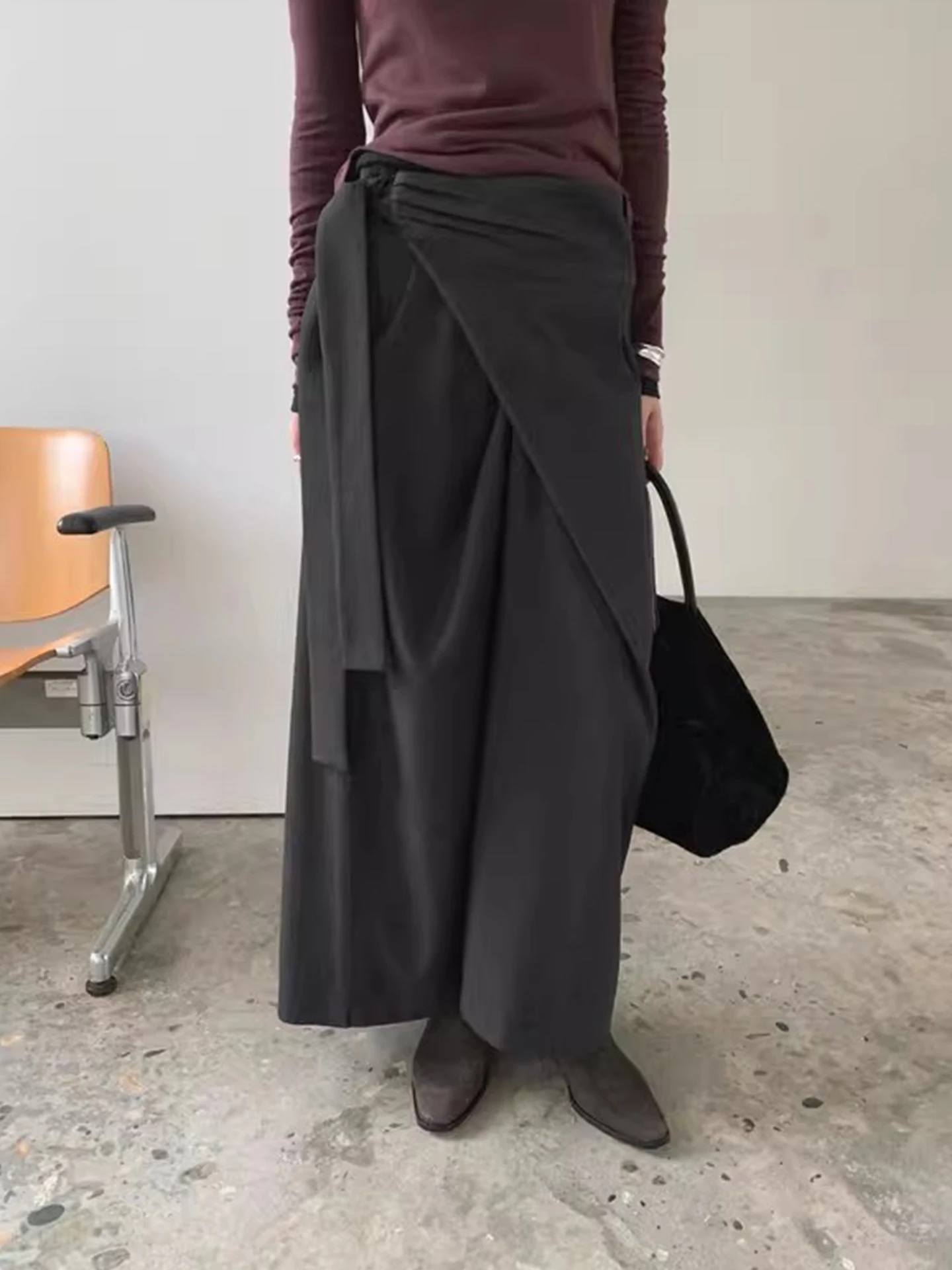 Hohe Taille Plissee Midi Rock Damen Herbst Winter Vintage Kleine ence Krawatte Gürtel Asymmetrische Schlankheitsröcke