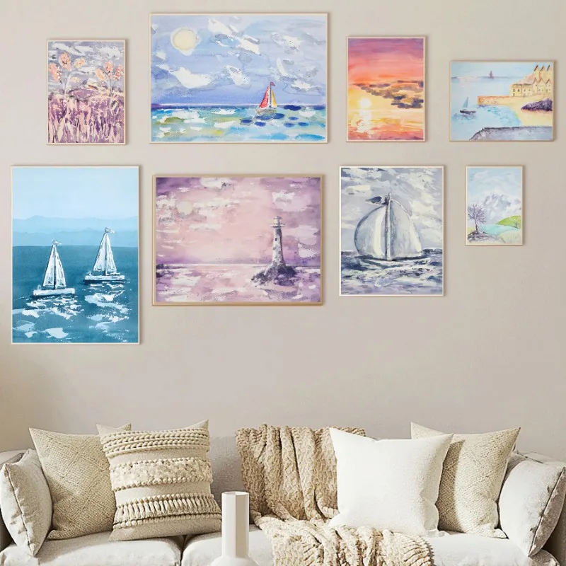Abstract Watercolour Seascape Painting with Sunset Sea and Lighthouse Wall Art Poster Print Home Decor Beach Landscape Picture