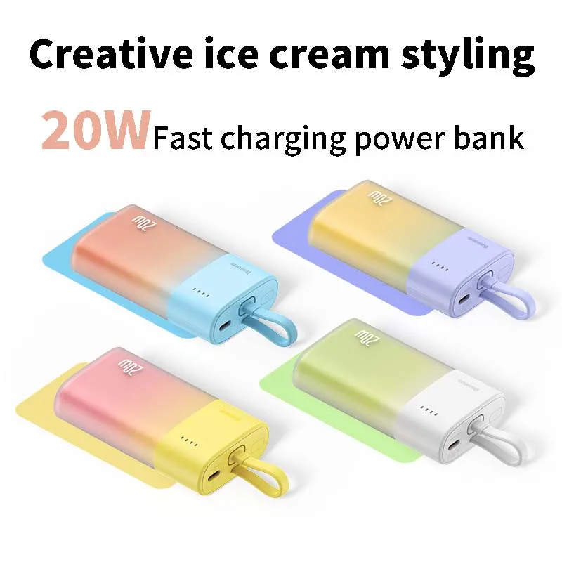 Baseus Ice cream Portable Power Bank PD20W Fast Charging, Battery Charger 5200mAh Built-in Cable Suitable for iPhone and Samsung