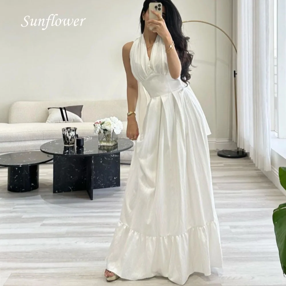 

Sunflower Simple White Halter Formal Evening Dress 2023Slim Sleeveless Pleat Satin Floor-Length A-LINE High-end Custom Prom Gown