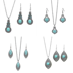 Etnico Vintage imitazione turchese cuore occhi goccia d'acqua orecchini collana Set per le donne gioielli in metallo Color argento Boho