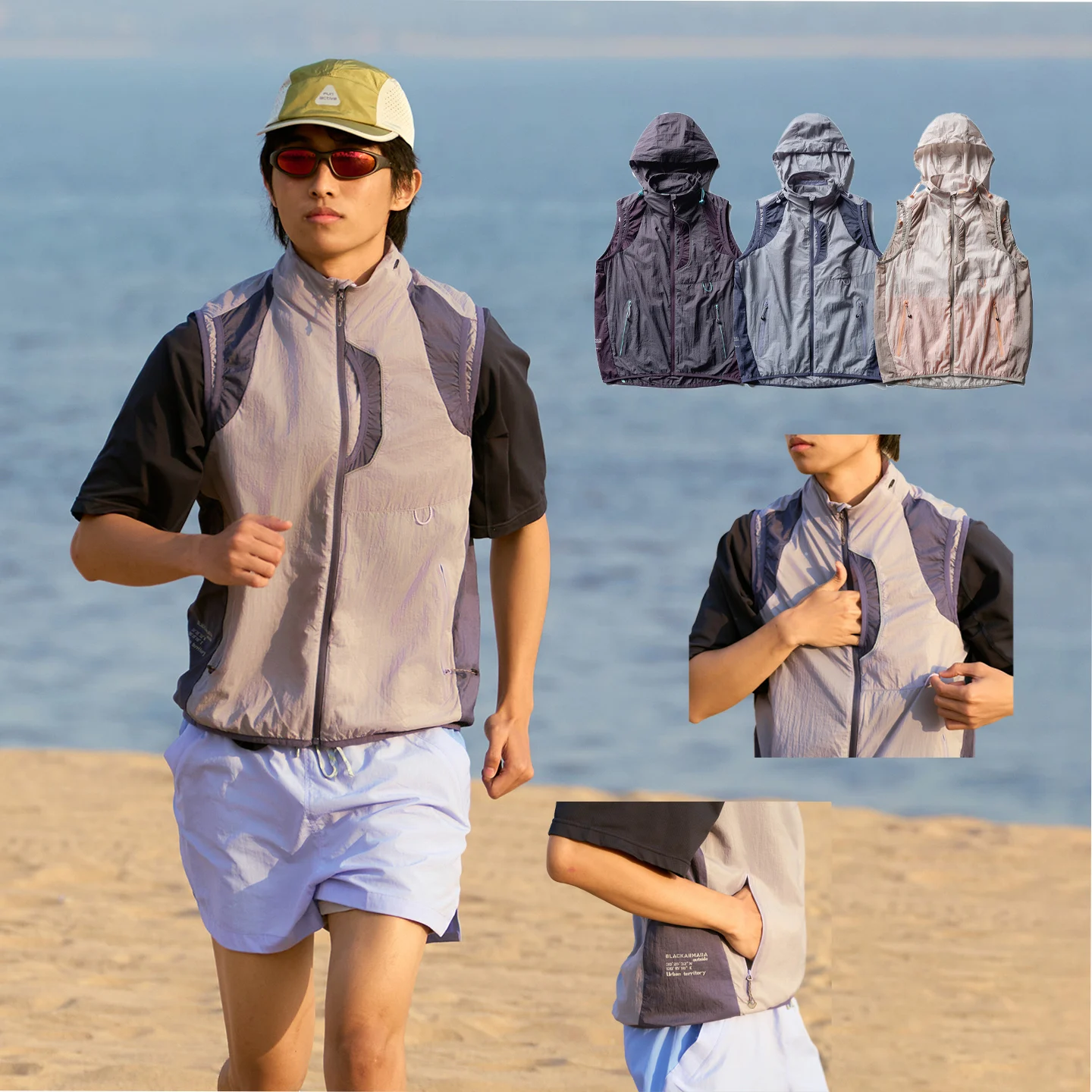 Outdoor Functional Vest Packable Hood Reflective Quick Dry Water Resistant Sleeveless Gilet for Hiking Running City Walk