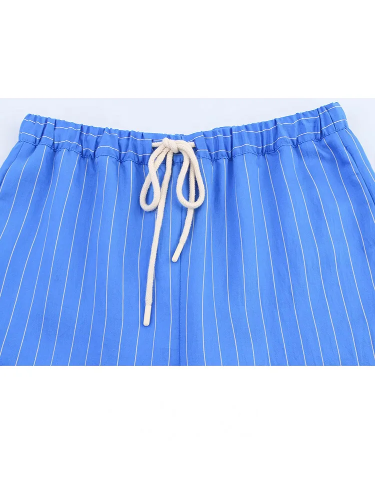 HH レディース ストライプ柄パンツスーツ ファッション ラペル 長袖 ポケット付き シングルブレストブラウス+サマーパジャマ風 ドローストリングパンツ