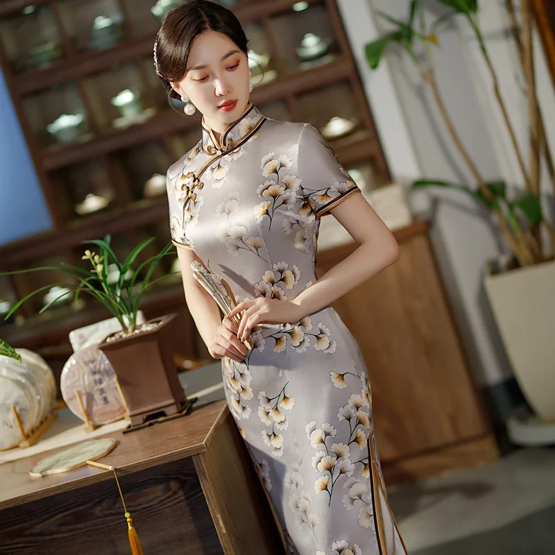 High-End Quality Real Silk Cheongsam Qipao Retro Dress Women Chinese Chi-Pao