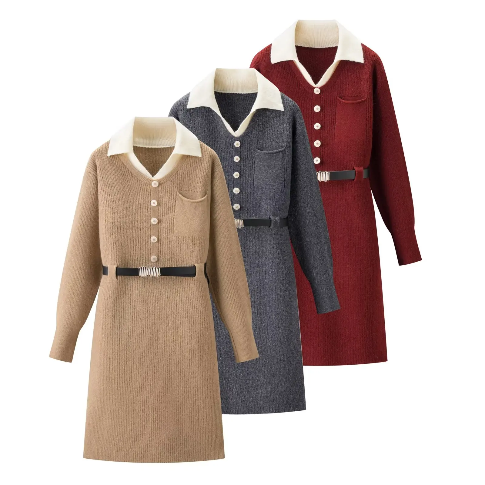 Elegant Women's Knitted Midi Dress Long Sleeve Belted Casual Fashion for Spring Autumn Daily Wear
