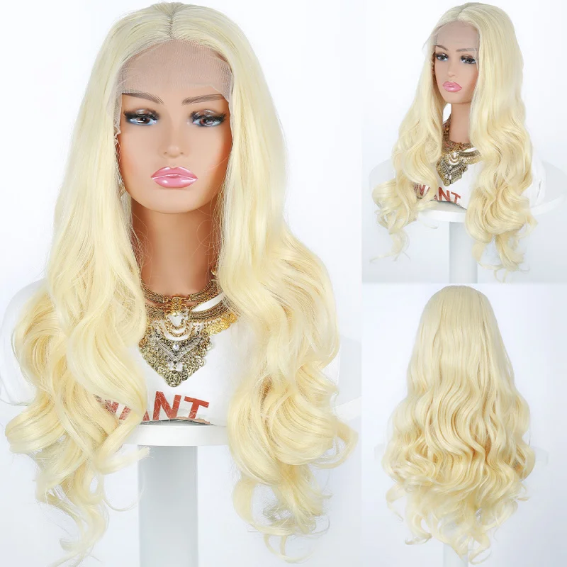 

Новинка для европейских и американских женщин, золотистые волнистые длинные вьющиеся волосы, парик ручной вязки на кружеве спереди, высокая температура F