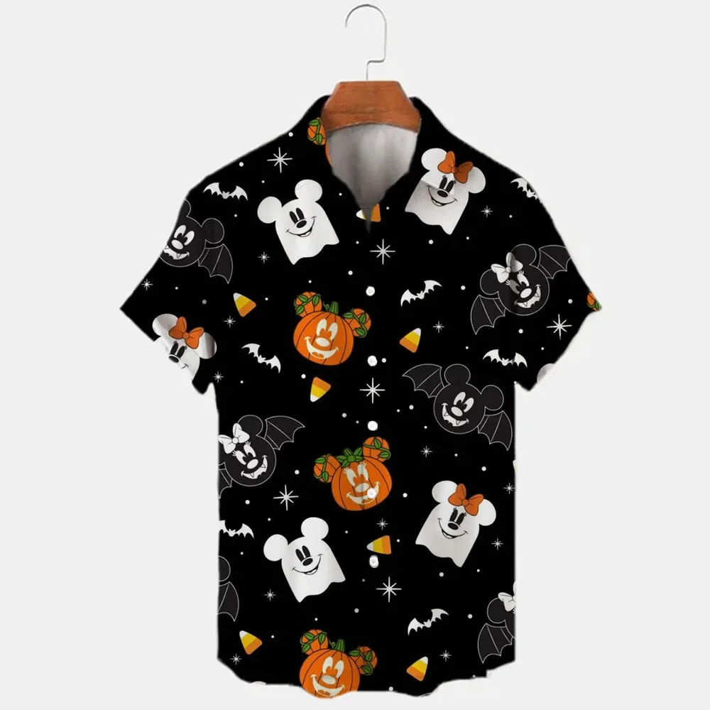 2022 New Halloween Collection Disney Brand Mickey Anime 3D Printed Men's Lapel Short Sleeve Slim Fit Hawaiian Shirt Y2k