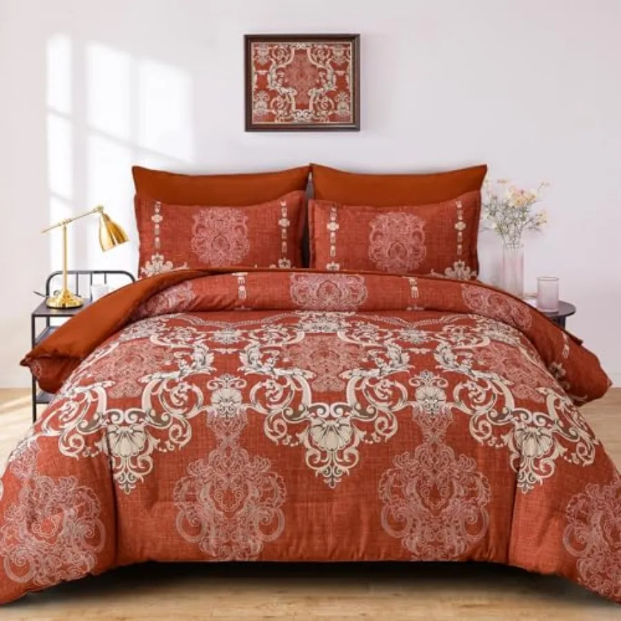 

7 Pieces Comforter Set Size, Damask Bed in a Bag for Bed, Lightweight Microfiber Boho Bedding Sets with Comforter, Sheet, Pillo