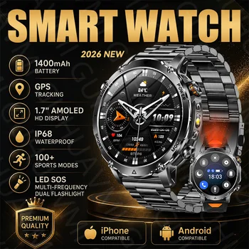 Nowy Oryginalny Smartwatch 2026 z Baterią 1400mAh, Ekranem AMOLED, GPS, Latarką, Funkcją Połączeń Bluetooth, Wodoodpornością IP68, Sportowy Smartwatch Męski do Użytku na Zewnątrz
