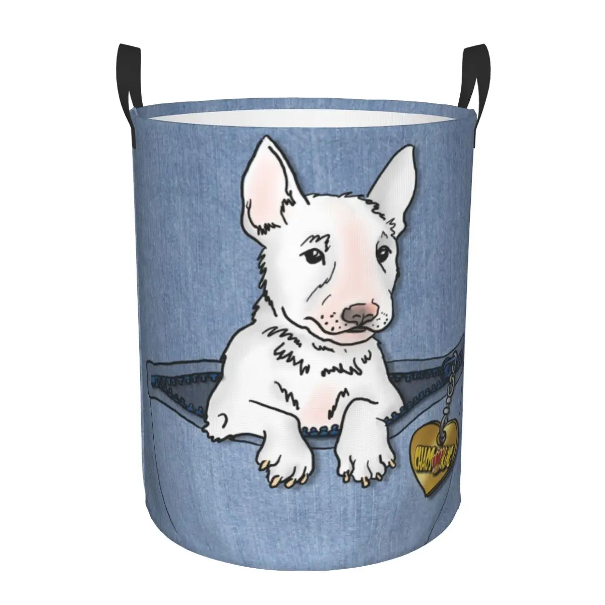 Bull Terrier Puppy In Jeans Pocket Laundry Basket Collapsible Dog Toy Clothes Hamper Storage Bin for Kids Nursery