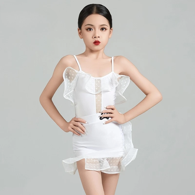 

Усовершенствованный детский костюм для латинских танцев — летний комплект из сетчатой ткани с бретелькой на шее для девочек, тренировочный, выступлений и соревновательный танцевальный комплект