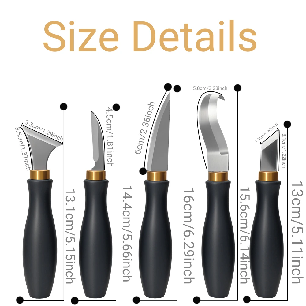 5 قطعة أدوات نحت الخشب للمبتدئين مقبض بلاستيكي بلوري أسود 5 أنواع من رؤوس القطع الحادة من الفولاذ الكربوني نحت محمول #3