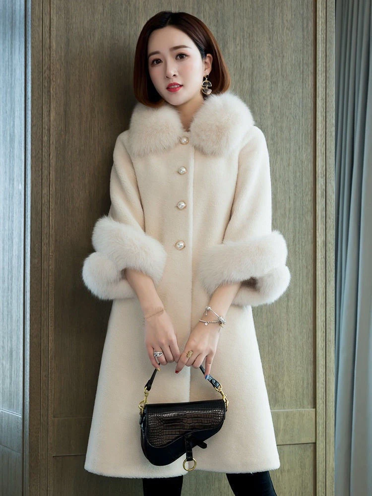 2024 Spring Faux Mink Fur Long Coat Women Elegant Artificial Fox Fur Collar Sheep Fleece Autumn Fur Jacket Ladies Overcoat