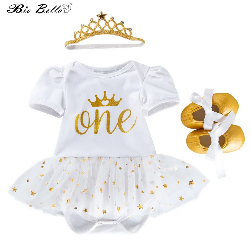 Newborn Girls Bodysuit+Hairband+Walking Boot 3pcs Set Girl Summer Short Sleeve Letter Print Princess Clothing 1st Birthday Gifts