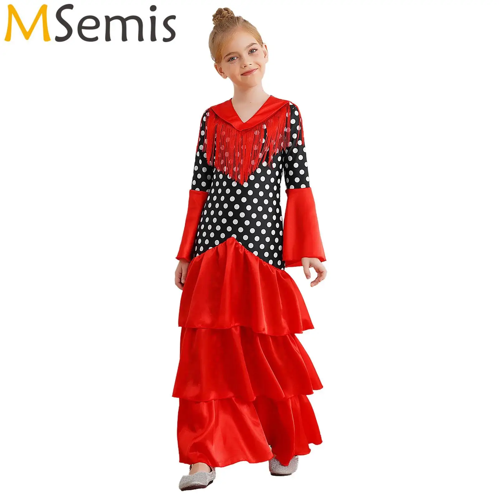 

Girls Flamenco Bull Ballroom Dance Costume Tiered Ruffle Dress Polka Dots Print Dress Performance Dancewear Halloween Outfits