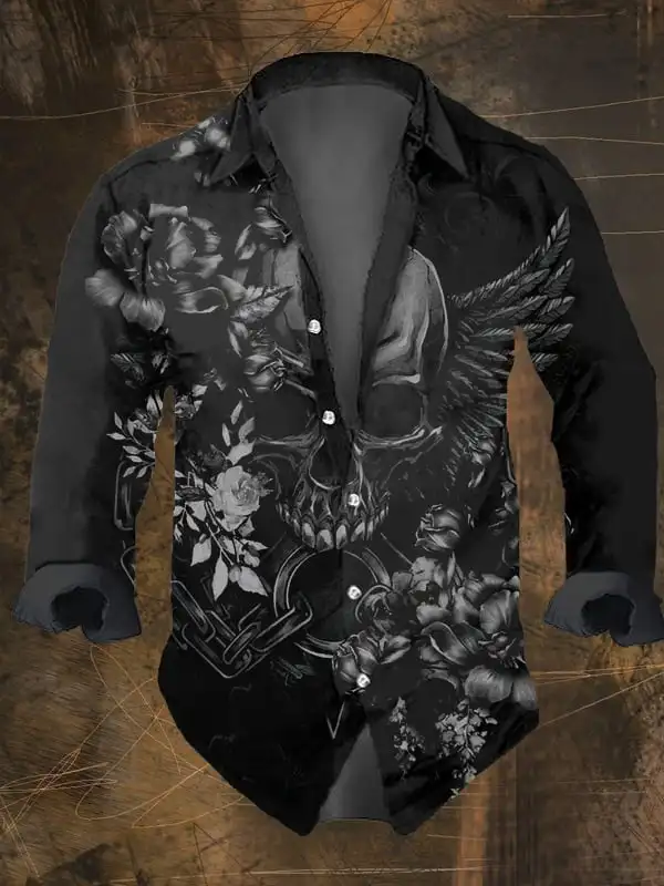 Halloween Men's Dark Skull Prints Long Sleeve Shirt-Vintage Skull Print,Regular Fit,Lapel Collar, Polyester Blend Black Tops image 5