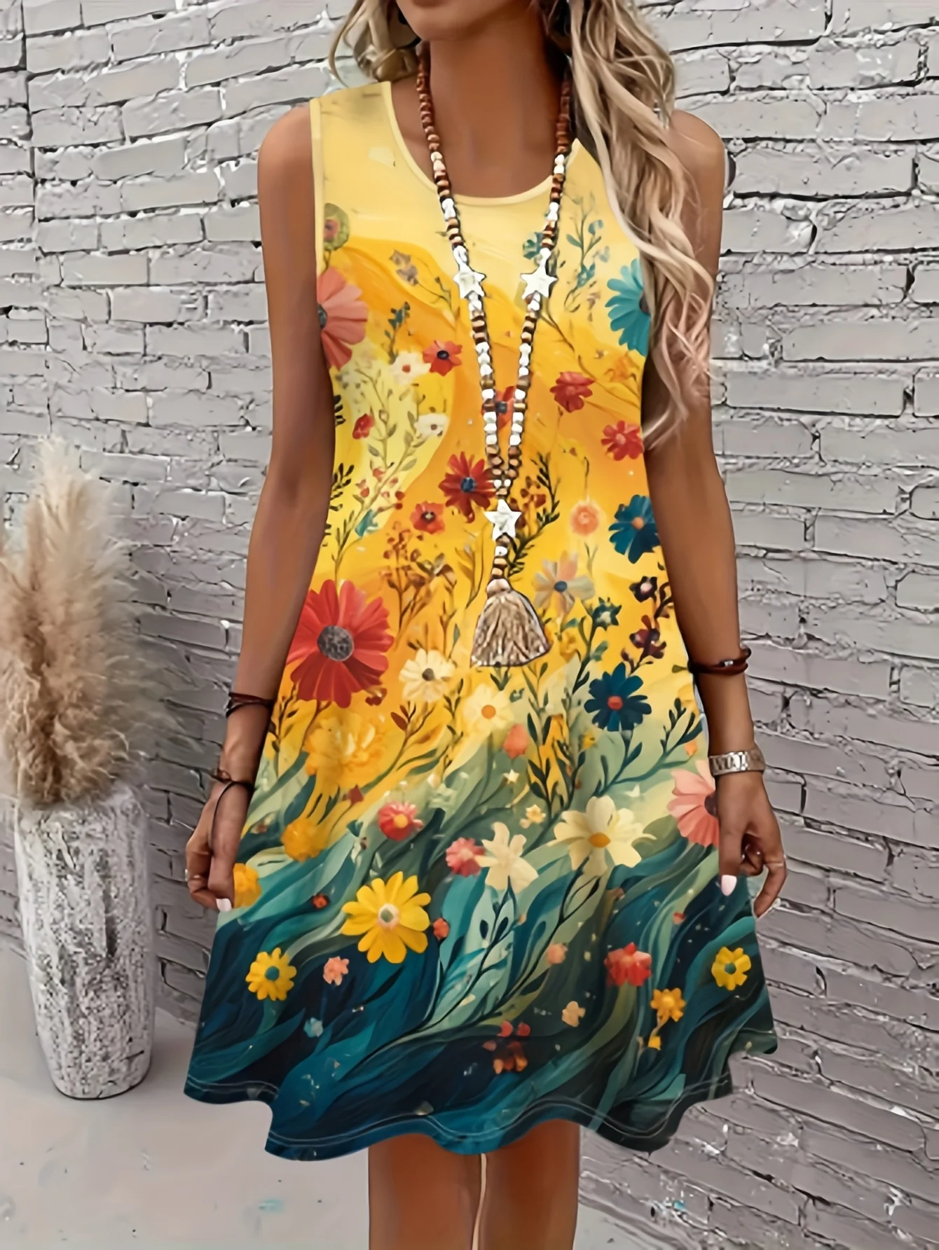 Ärmelloses A-Linien-Kleid für Damen in Übergröße mit Blumendruck, lebendiges Gelb bis Blau, Tank-Kleid mit Farbverlauf, Damenbekleidung, Y2k-Oberteil