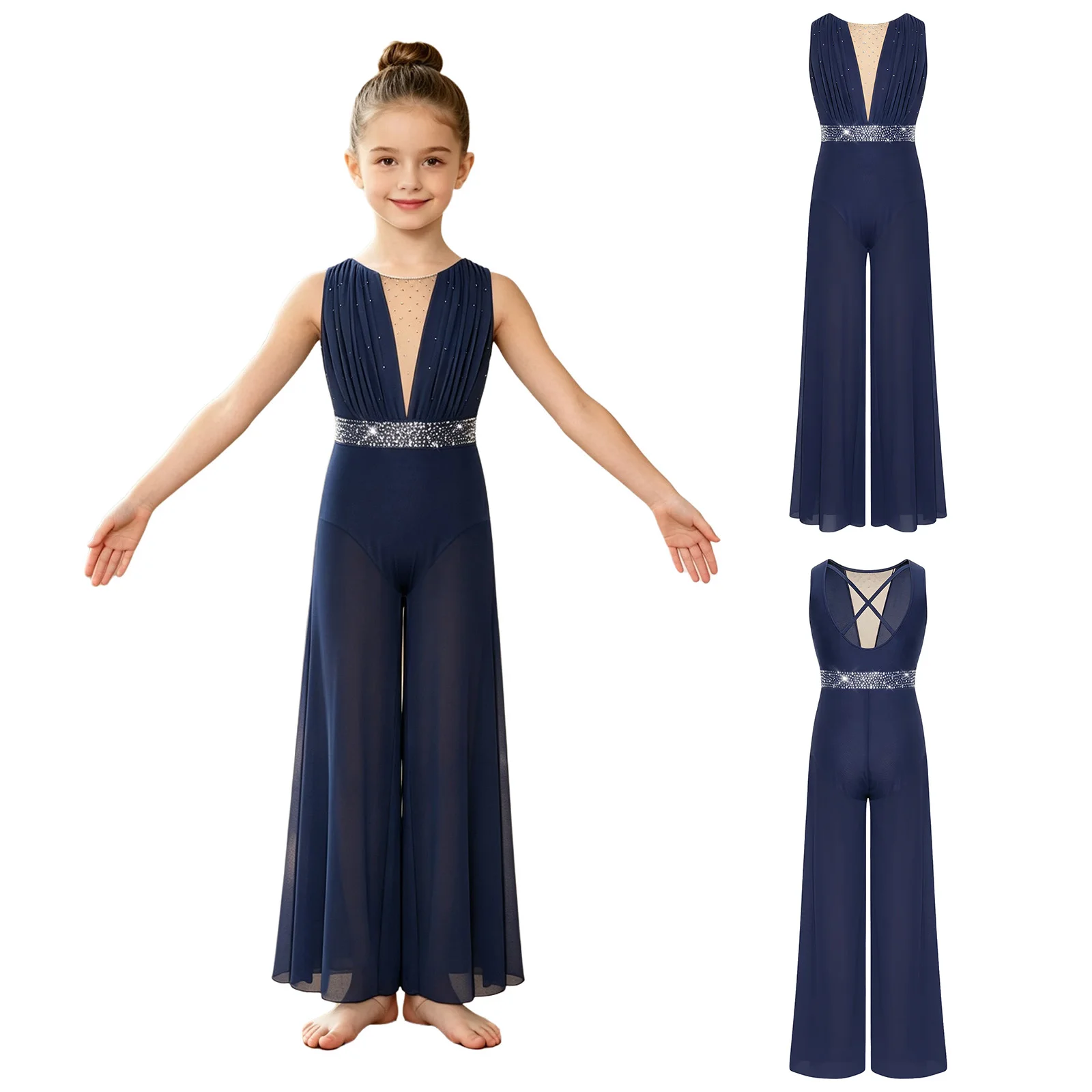 Children Girls Sheer Mesh Wide-Leg Modern Lyrical Dance Jumpsuit Built-in Briefs Skating Gymnastics Ballet Acrobatics Dancewear