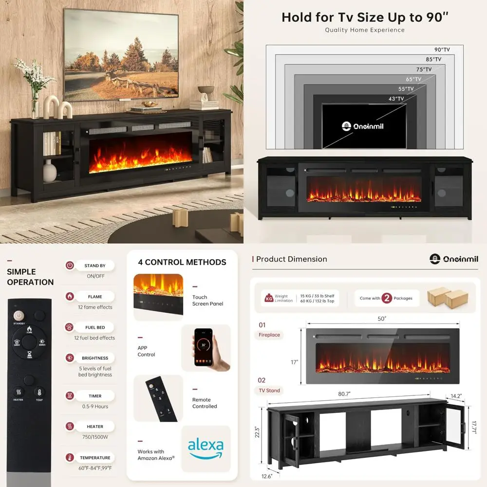 

Modern 50 Smart TV Fireplace Stand, Entertainment Center with WiFi, 80-Inch Fireplace Console