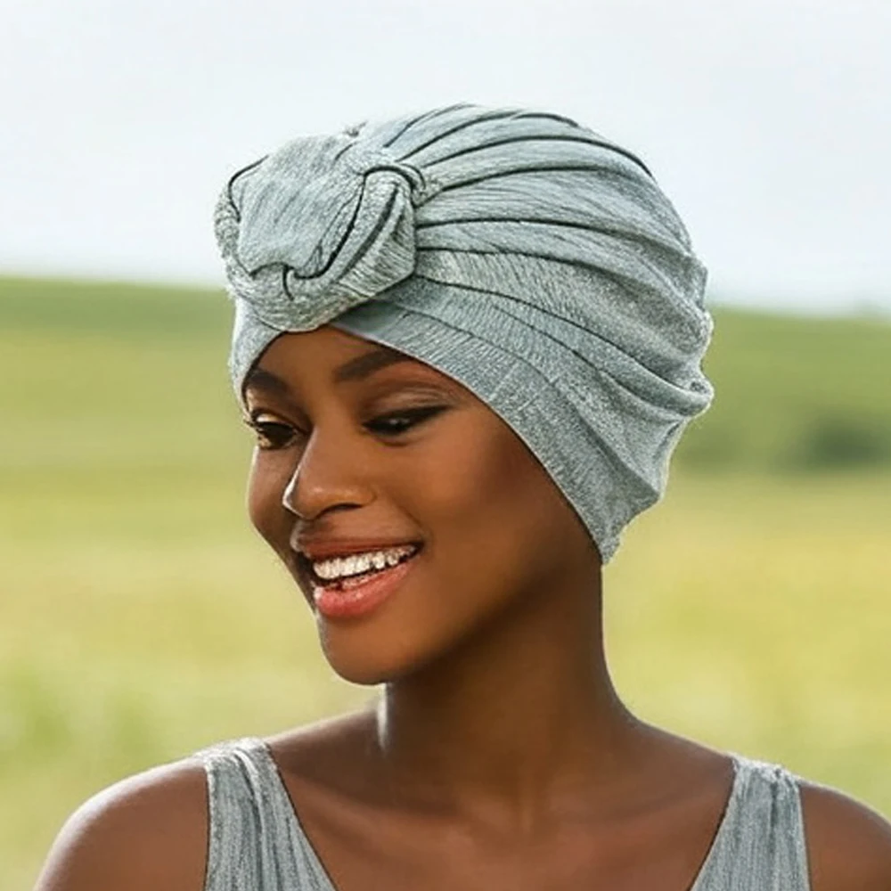 

New Solid Pleated Headscarf Indian Hat Knotted Turban Women Chemo Cap Muslim Hijab Beanies Bonnet Hair Loss Cover Turbante Mujer