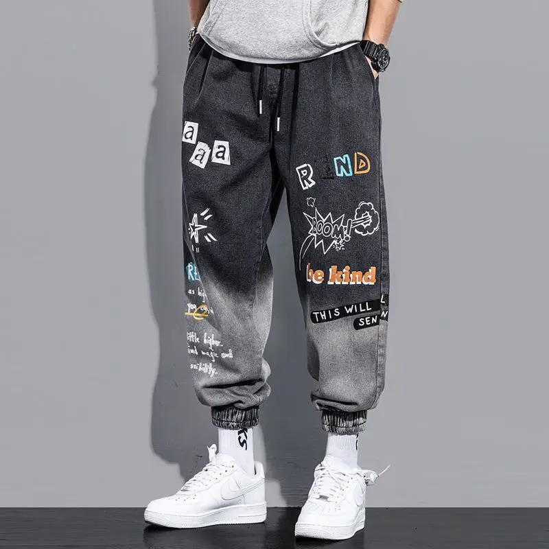 Men's Cuffed Jeans 2024 Korean Streetwear, Graffiti Ombre Baggy Pants Hip Hop Style, Spring Fall Tapered Joggers for Students
