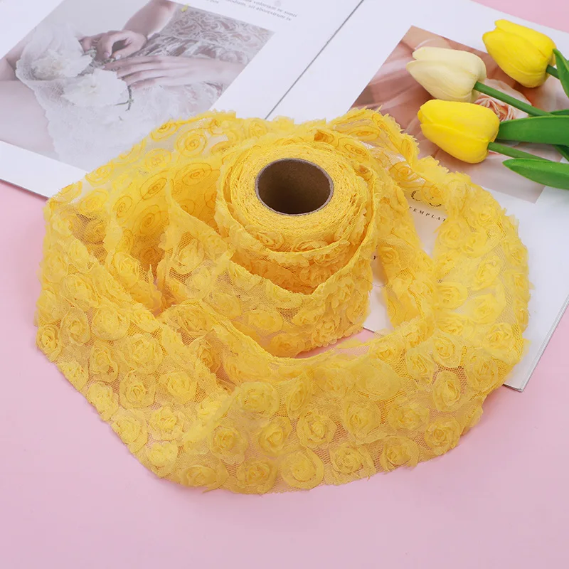 5yards/roll 14colors Rose Flower 3D Chiffon Lace Trim Ribbon Fabric for Applique Sewing Wedding Headdress Decoration Accessories