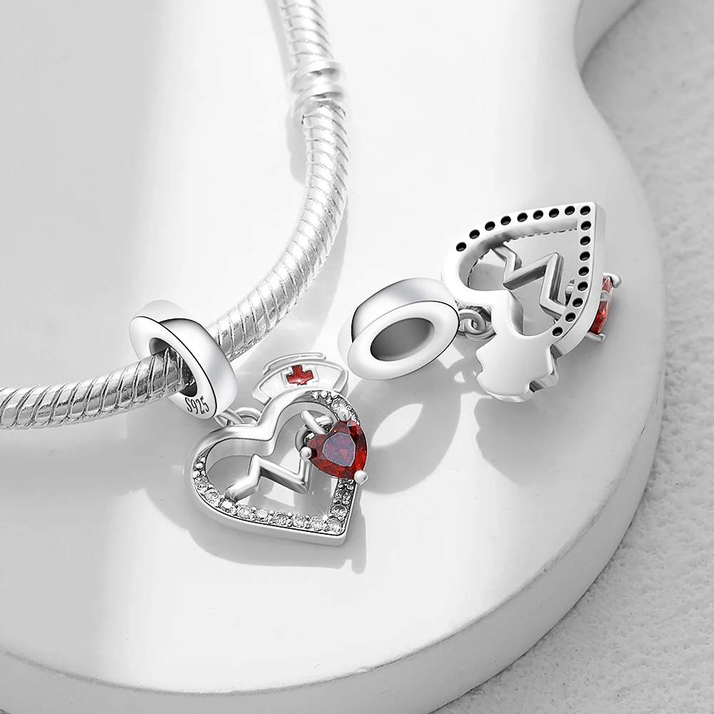Nuovo argento sterling 925 serie dottore infermiere nastro rosa con perline ciondola il fascino adatto per la collana originale del braccialetto di marca 925 regalo di gioielli