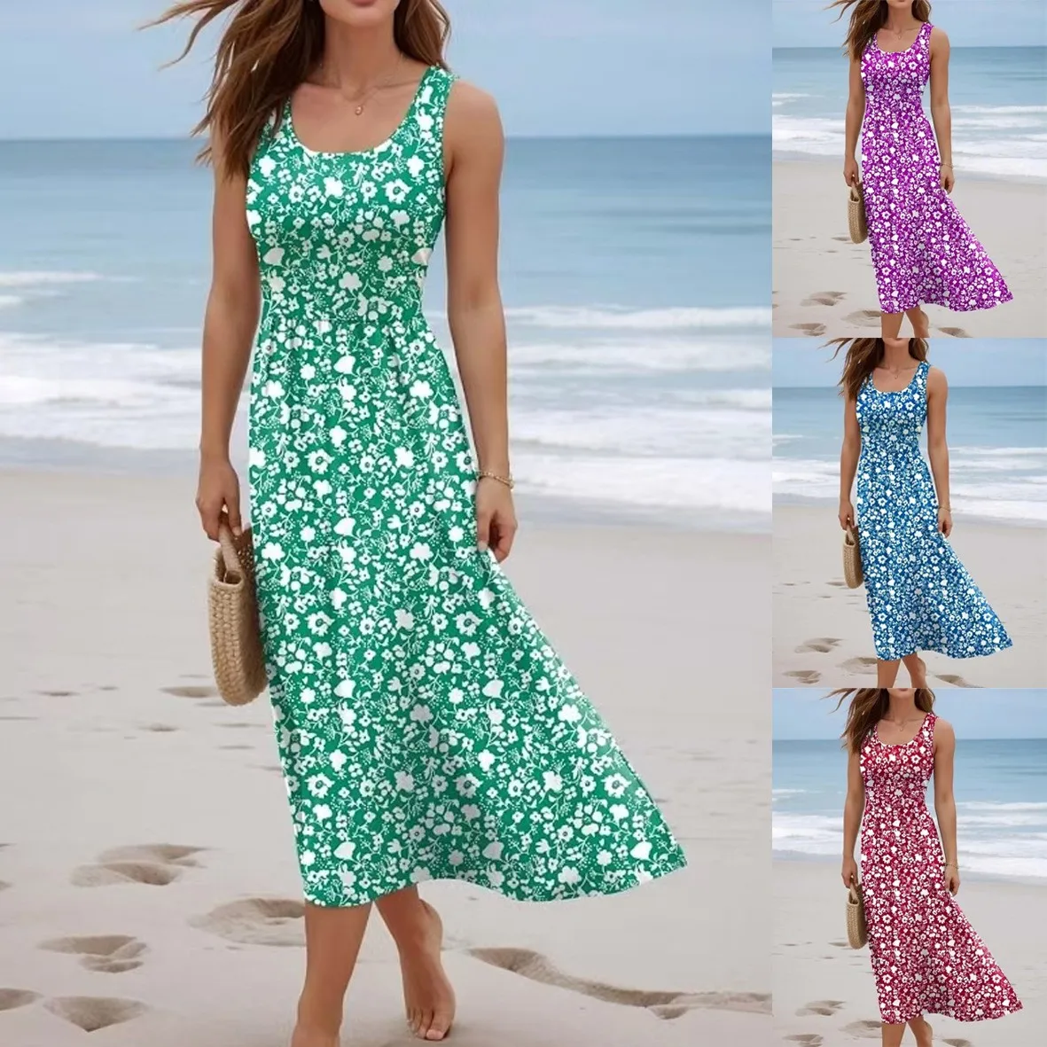 

Trendy 2026 Dress Beachwear Outfits Woman Printed Long Maxi Dress Floral Print A Line Loose Fit Beach Dress Green Blue Purple