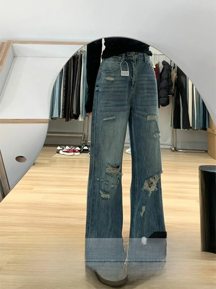 

Женские джинсы с высокой талией и широкими штанинами, осенне-зимние, новые, в стиле High Street, с дырками, утягивающие, в пол, ретро, однотонные