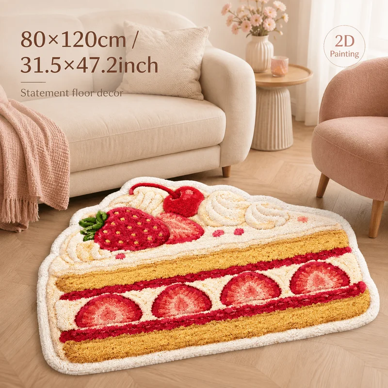 VIKAMA Cute Strawberry Cake Rug—Soft, Plush, Non-Slip Decorative Rug for Bedrooms and Living Rooms, Entryway Rug, Home Decor