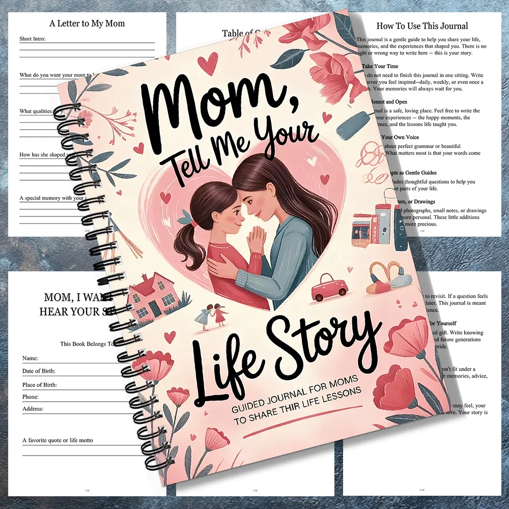 1 Cuaderno Espiral, Temática Cálida de Madre e Hija y Corazones, Encuadernado en Espiral, Diario Guiado para Mamá: Cuenta Tu Historia de Vida, Fo