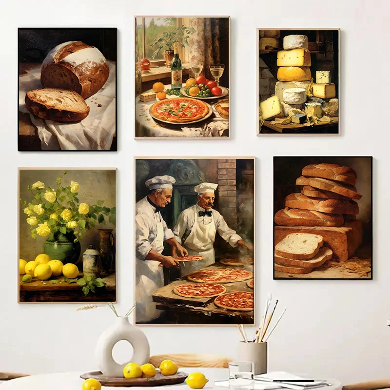 Vintage Kitchen Sourdough Bread Cheese Lemon Antique Cooking Art Poster Canvas Painting And Prints HD Picture Home Decor Cuad