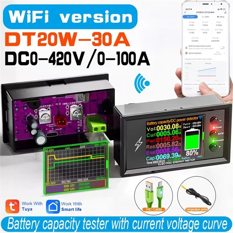 

T82C Hot Sale-Wifi Smart DT20W Voltage Capacity Tester For Lithium Batteries 0-420V, 30A DC Current Coulomb Power Meter