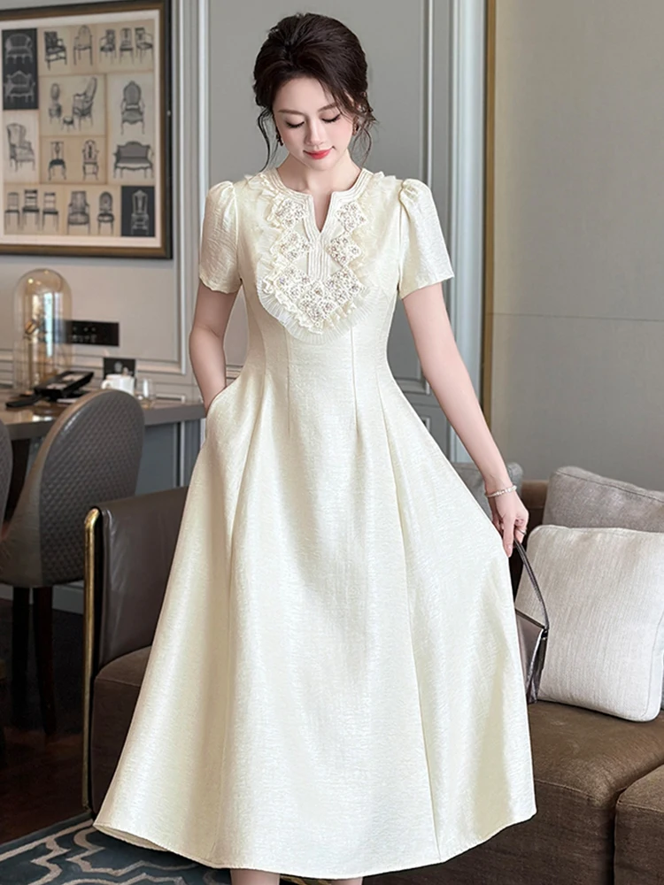 เกาหลีสไตล์ฝรั่งเศส Socialite PARTY Dress สําหรับผู้หญิงเพชรดอกไม้กระเป๋าพับ Swing Robe หญิงพรหม Vestidos Mujer
