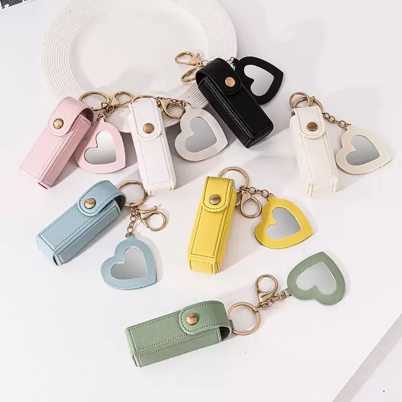 Fashion Leather Keychain with Mirror, Trendy Mini Pouch