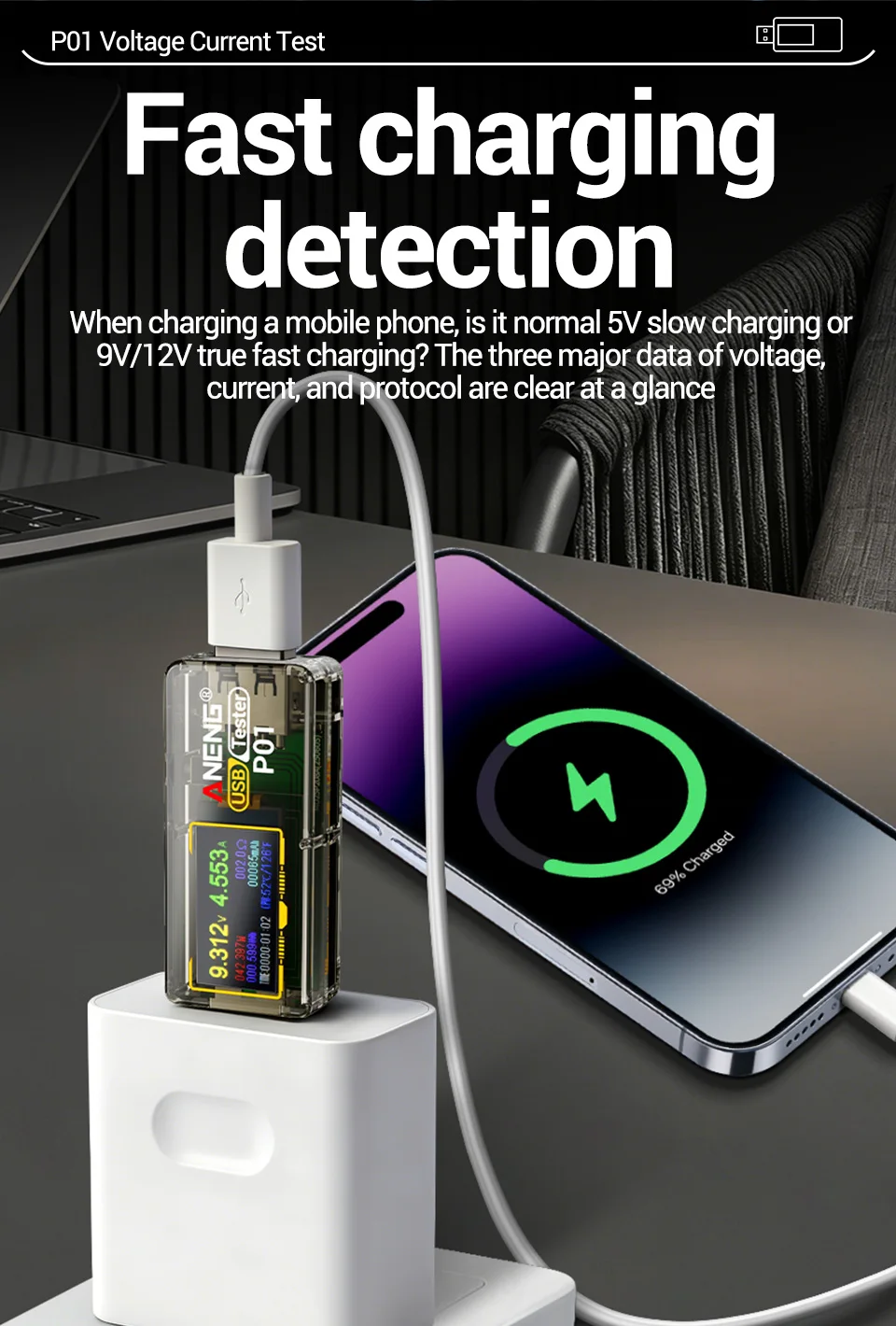 ANENG P01 USB-Tester, Voltmeter, Amperemeter, Typ-C-Schnellladungsdetektor, Kapazitäts- und Rippelmessgerät – Detail 7