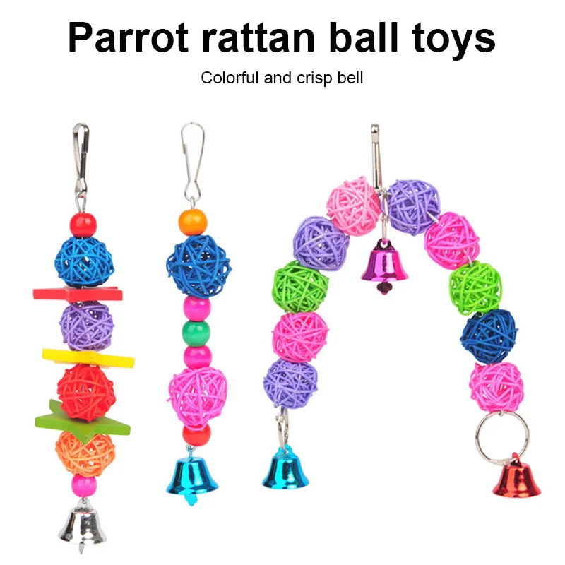 Parrot Rattan Toys Bird Supplies Hanging Cage Bird Toys Rattan Beads Bell String Hand Woven Parakeet Bite Molar Toys Rattan Ball