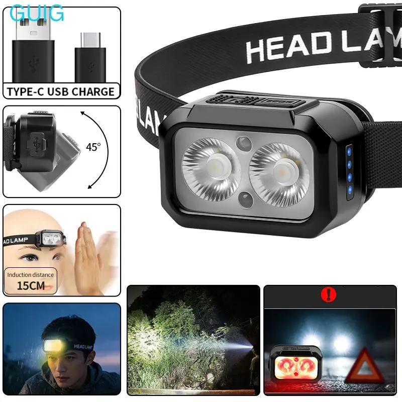 

Mini Sensor Rechargeable LED Headlamp Ultra-Bright Headlight with 5 Modes USB Charging 45° Adjustable for Camping Running