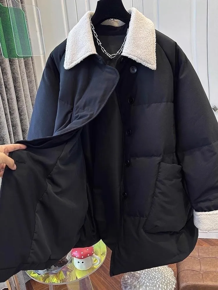 플러스 사이즈 중간 길이 칼라 재킷 여성용 겨울용 따뜻한 슬림핏 면 의류 트렌디