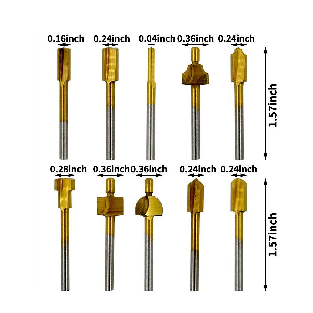 10個チタンhssルータービット木材フライスカッター1/8 "シャンク3ミリメートル大工トリミング彫刻ドリルビットdremel回転工具用