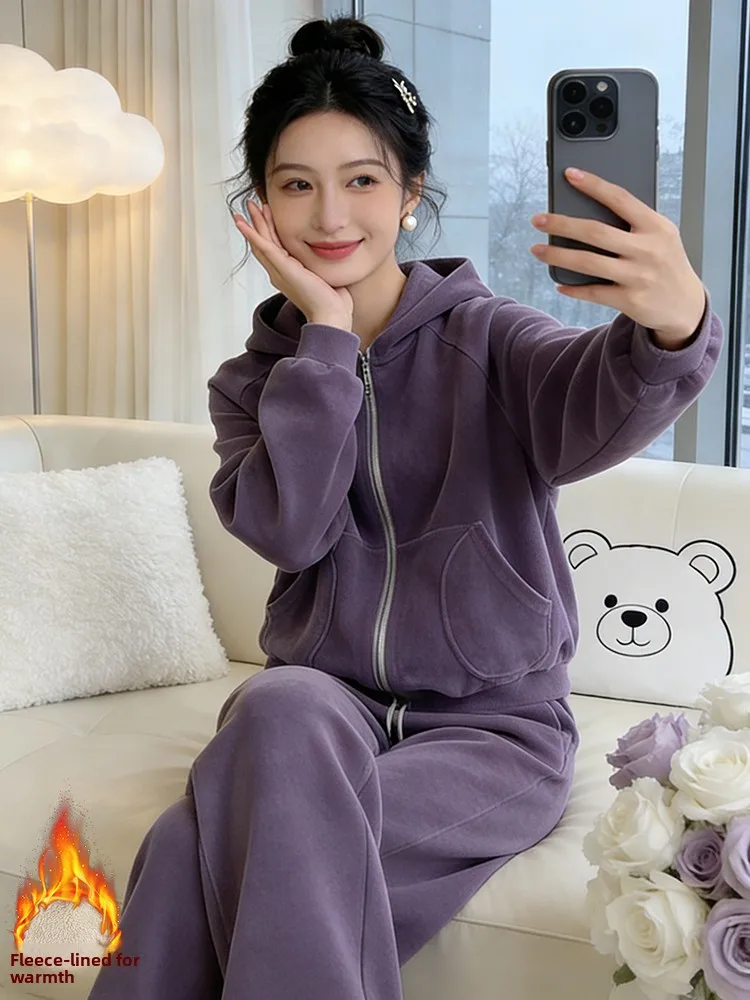 

Зимний повседневный спортивный женский комплект: худи на флисе и брюки с высокой талией и широкими штанинами, в корейском стиле, модный комплект из двух предметов